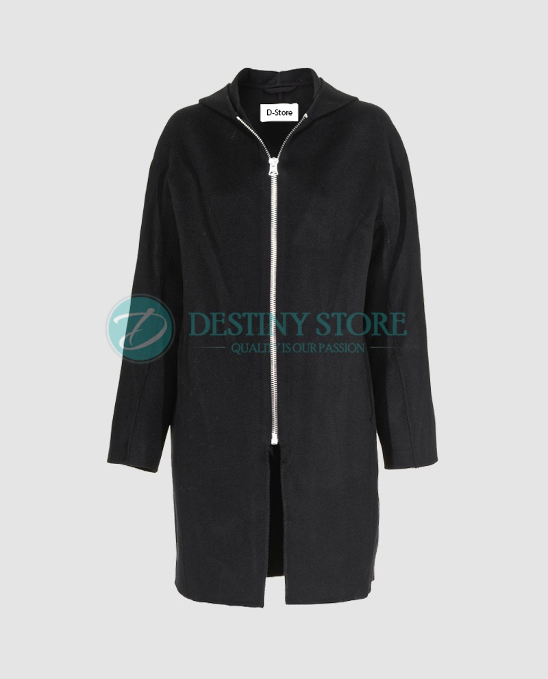 Ladies Straight Zipper Black Wool Coat